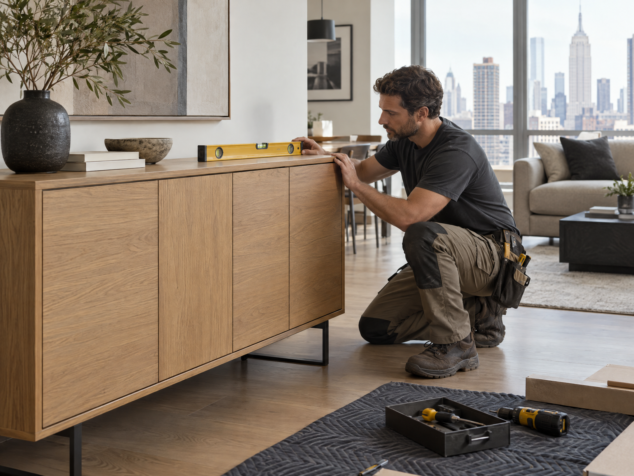 A professional assembling an oak cabinet in a bright Manhattan apartment