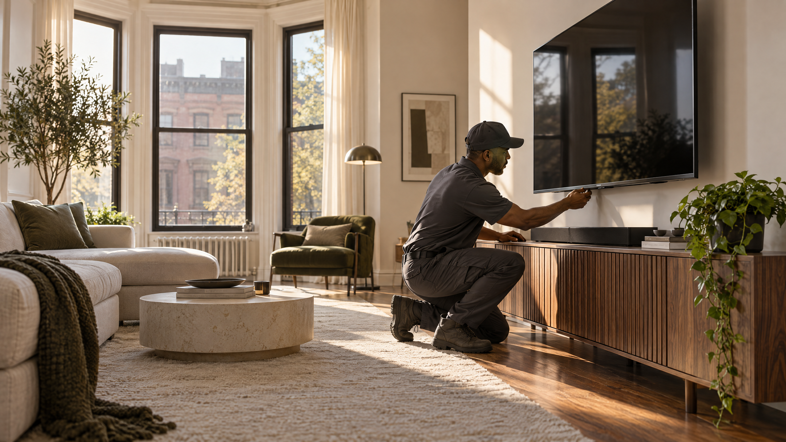 A furniture assembly professional completing a refined media wall in a New York apartment
