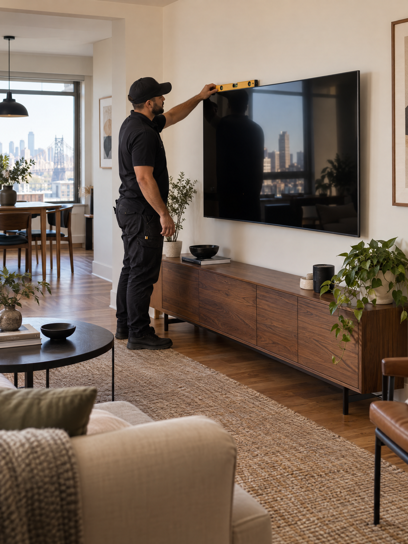 A cleanly mounted television in a warm Queens apartment